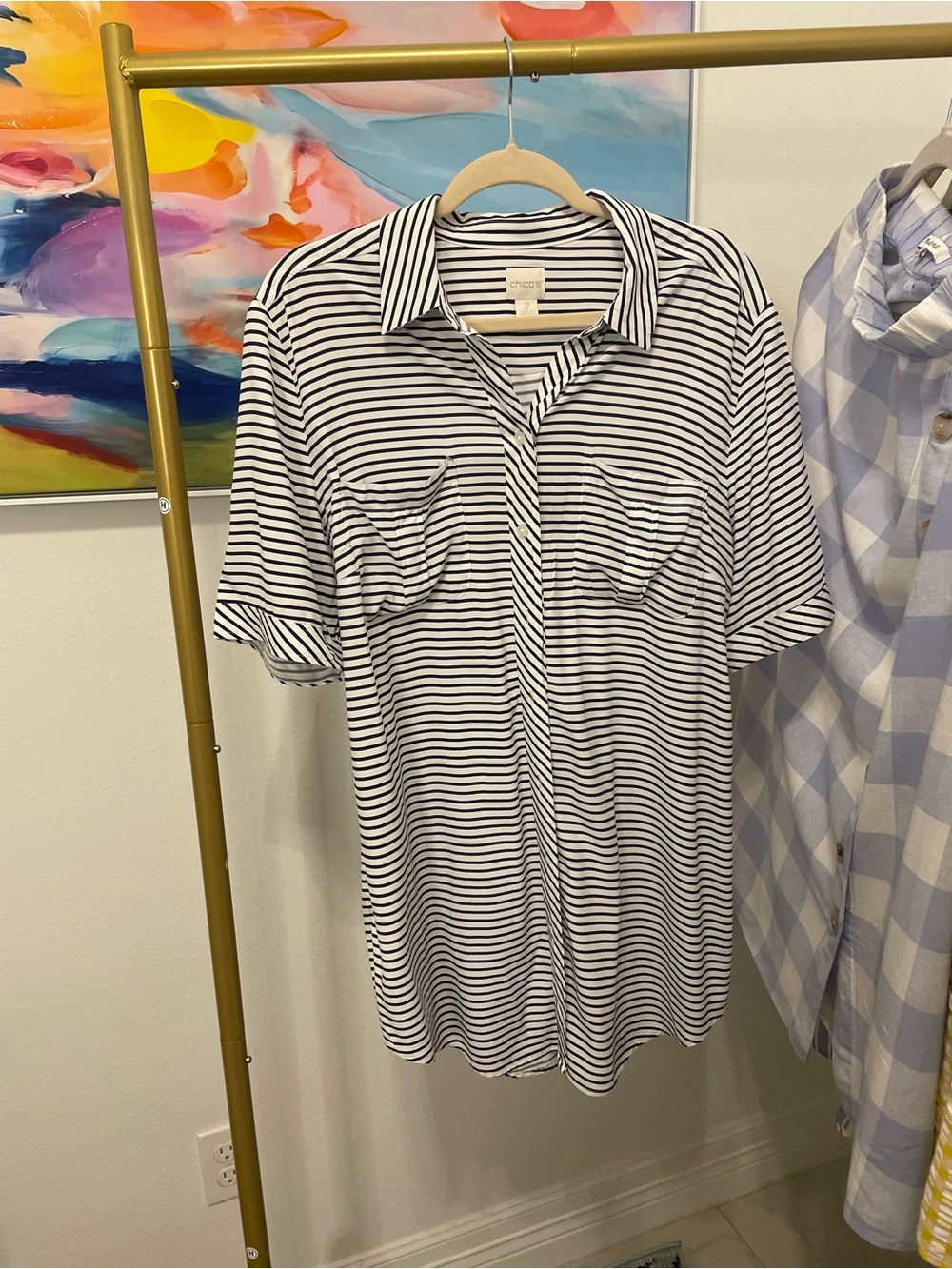 Chico's Navy & White Striped Button-Front Top Large comfy soft casual